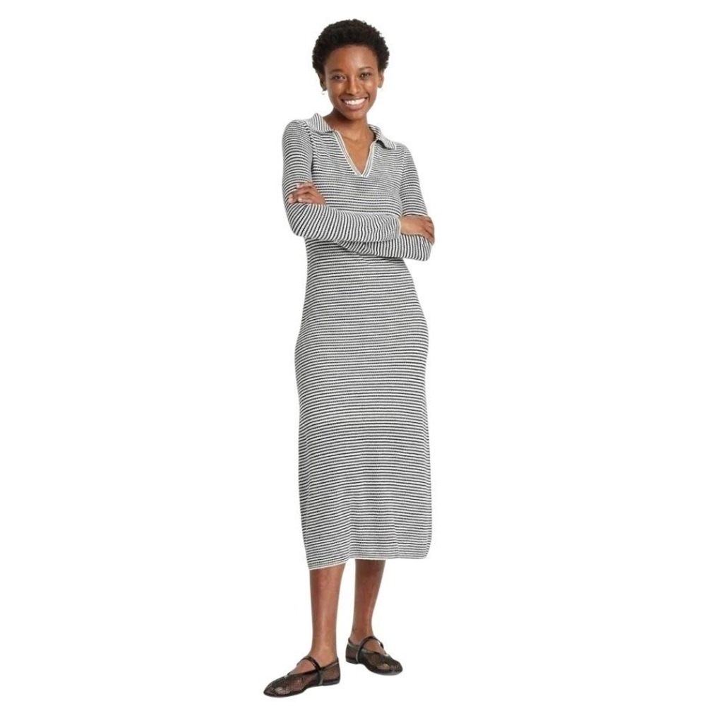 Women Long Sleeve Maxi Sweater Dress Black Cream‎ Striped Polo Collar XS